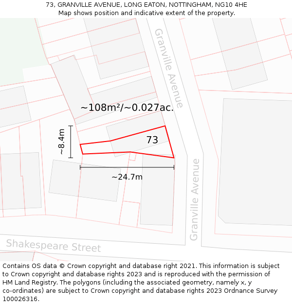 73, GRANVILLE AVENUE, LONG EATON, NOTTINGHAM, NG10 4HE: Plot and title map