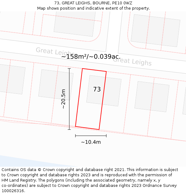 73, GREAT LEIGHS, BOURNE, PE10 0WZ: Plot and title map