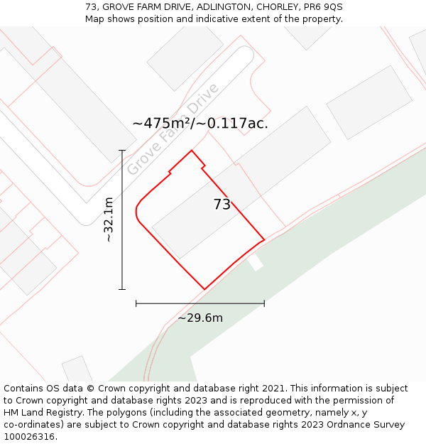 73, GROVE FARM DRIVE, ADLINGTON, CHORLEY, PR6 9QS: Plot and title map