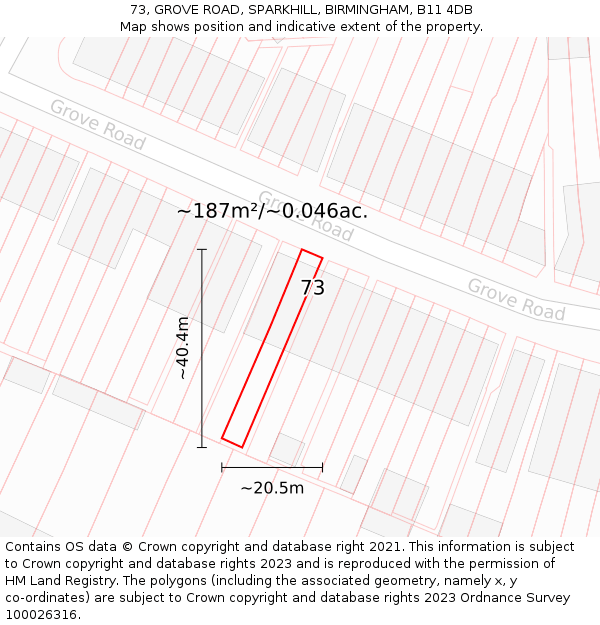 73, GROVE ROAD, SPARKHILL, BIRMINGHAM, B11 4DB: Plot and title map