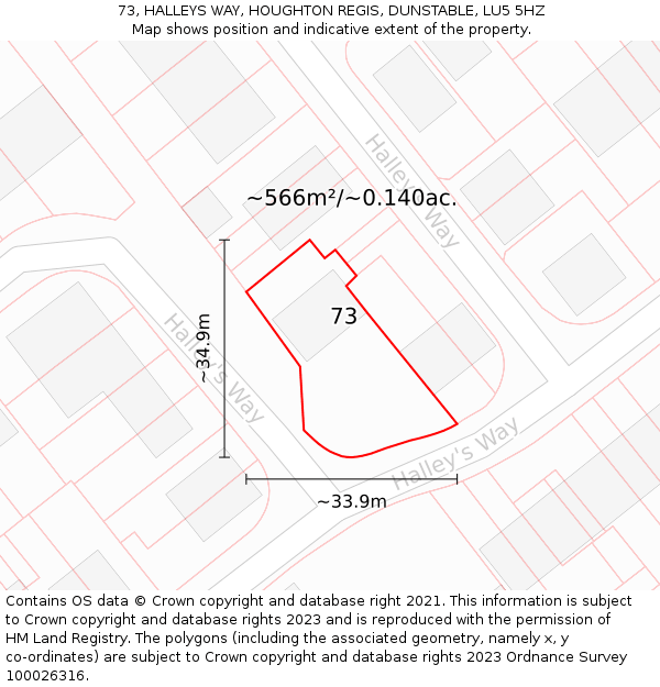 73, HALLEYS WAY, HOUGHTON REGIS, DUNSTABLE, LU5 5HZ: Plot and title map