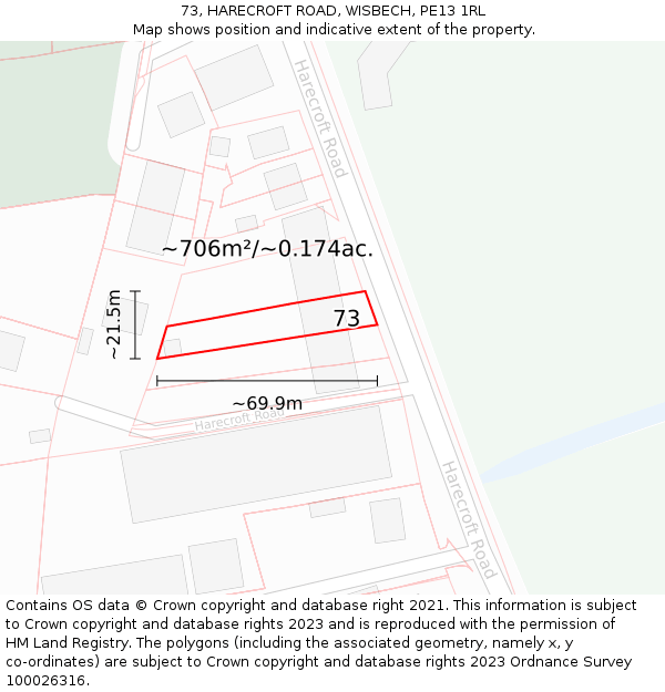 73, HARECROFT ROAD, WISBECH, PE13 1RL: Plot and title map