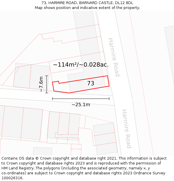 73, HARMIRE ROAD, BARNARD CASTLE, DL12 8DL: Plot and title map