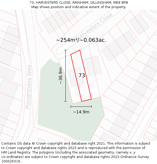 73, HARVESTERS CLOSE, RAINHAM, GILLINGHAM, ME8 8PB: Plot and title map