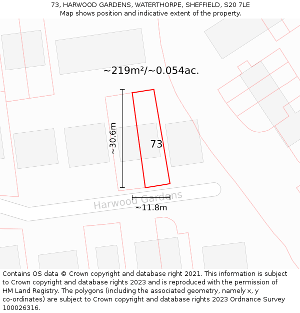 73, HARWOOD GARDENS, WATERTHORPE, SHEFFIELD, S20 7LE: Plot and title map