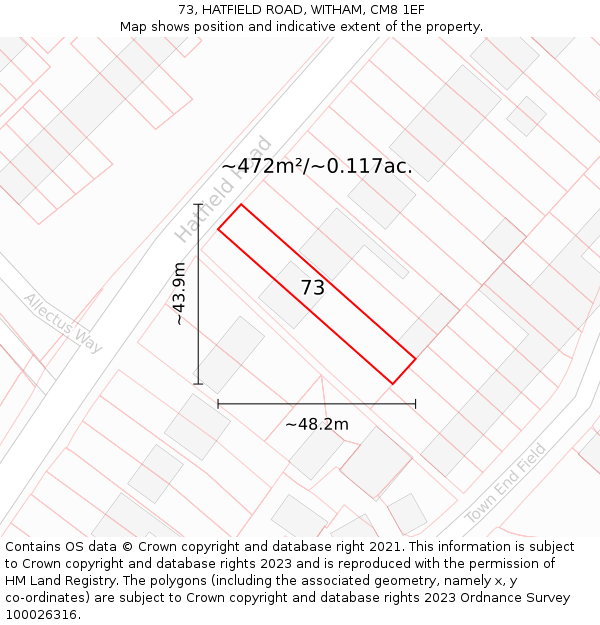 73, HATFIELD ROAD, WITHAM, CM8 1EF: Plot and title map