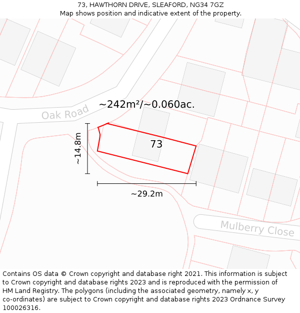 73, HAWTHORN DRIVE, SLEAFORD, NG34 7GZ: Plot and title map