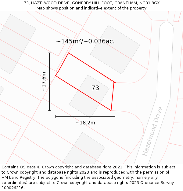 73, HAZELWOOD DRIVE, GONERBY HILL FOOT, GRANTHAM, NG31 8GX: Plot and title map