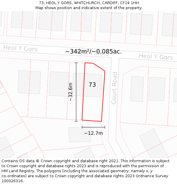 73, HEOL Y GORS, WHITCHURCH, CARDIFF, CF14 1HH: Plot and title map