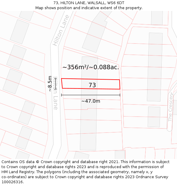 73, HILTON LANE, WALSALL, WS6 6DT: Plot and title map