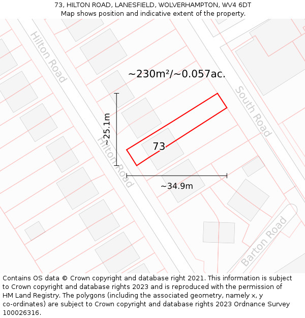 73, HILTON ROAD, LANESFIELD, WOLVERHAMPTON, WV4 6DT: Plot and title map