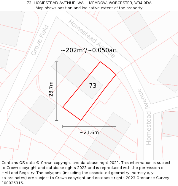 73, HOMESTEAD AVENUE, WALL MEADOW, WORCESTER, WR4 0DA: Plot and title map