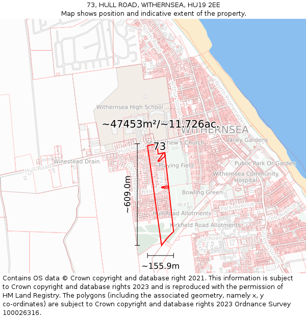 73, HULL ROAD, WITHERNSEA, HU19 2EE: Plot and title map