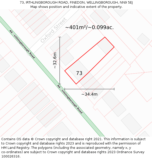 73, IRTHLINGBOROUGH ROAD, FINEDON, WELLINGBOROUGH, NN9 5EJ: Plot and title map