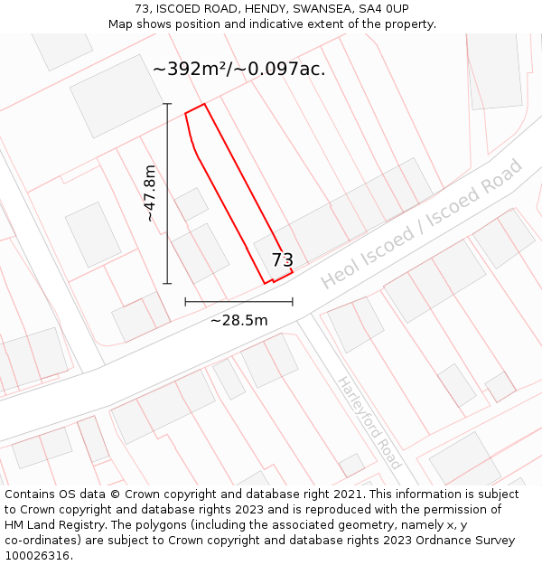 73, ISCOED ROAD, HENDY, SWANSEA, SA4 0UP: Plot and title map