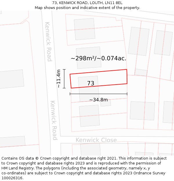 73, KENWICK ROAD, LOUTH, LN11 8EL: Plot and title map