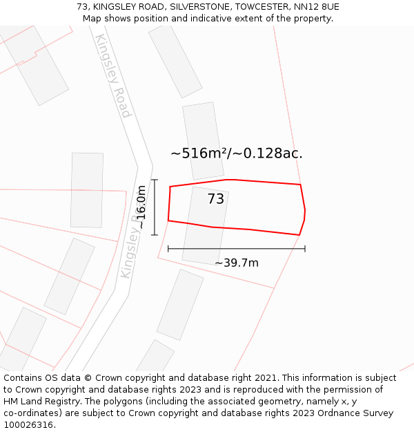 73, KINGSLEY ROAD, SILVERSTONE, TOWCESTER, NN12 8UE: Plot and title map