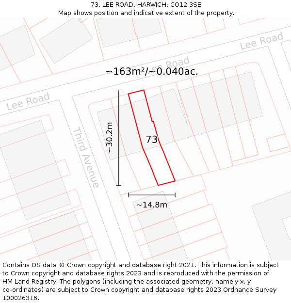 73, LEE ROAD, HARWICH, CO12 3SB: Plot and title map