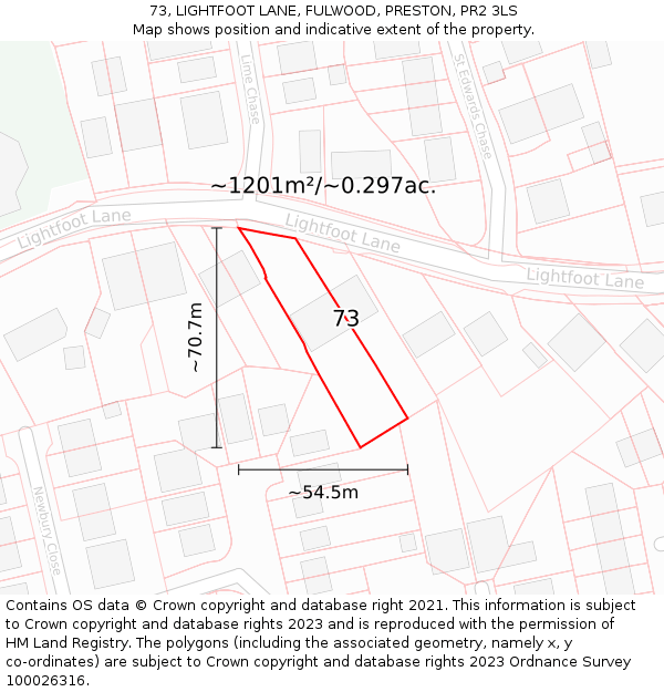 73, LIGHTFOOT LANE, FULWOOD, PRESTON, PR2 3LS: Plot and title map