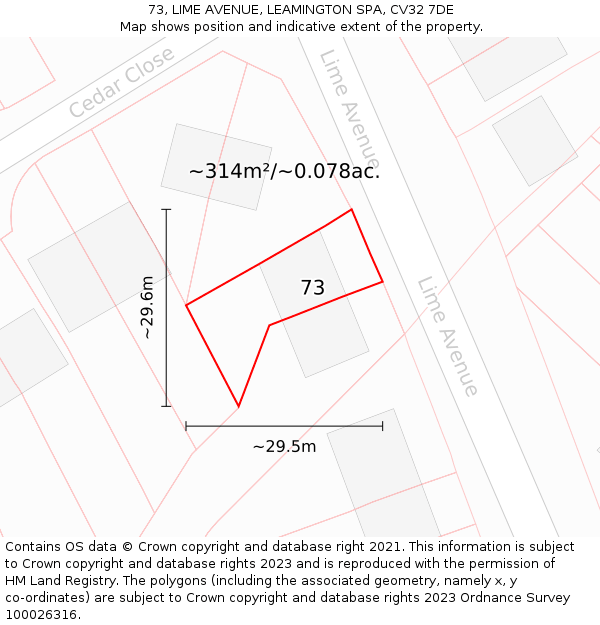 73, LIME AVENUE, LEAMINGTON SPA, CV32 7DE: Plot and title map