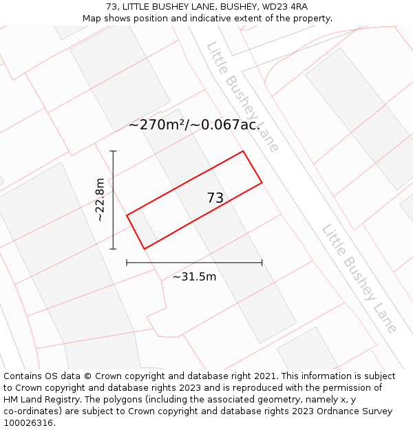 73, LITTLE BUSHEY LANE, BUSHEY, WD23 4RA: Plot and title map