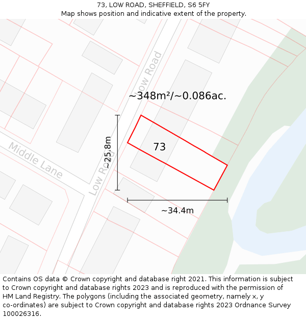 73, LOW ROAD, SHEFFIELD, S6 5FY: Plot and title map