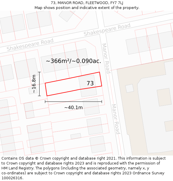 73, MANOR ROAD, FLEETWOOD, FY7 7LJ: Plot and title map