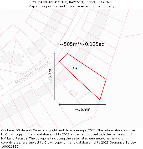 73, MARKHAM AVENUE, RAWDON, LEEDS, LS19 6NE: Plot and title map