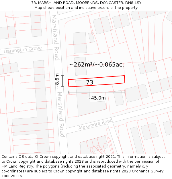 73, MARSHLAND ROAD, MOORENDS, DONCASTER, DN8 4SY: Plot and title map