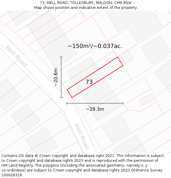 73, MELL ROAD, TOLLESBURY, MALDON, CM9 8SW: Plot and title map