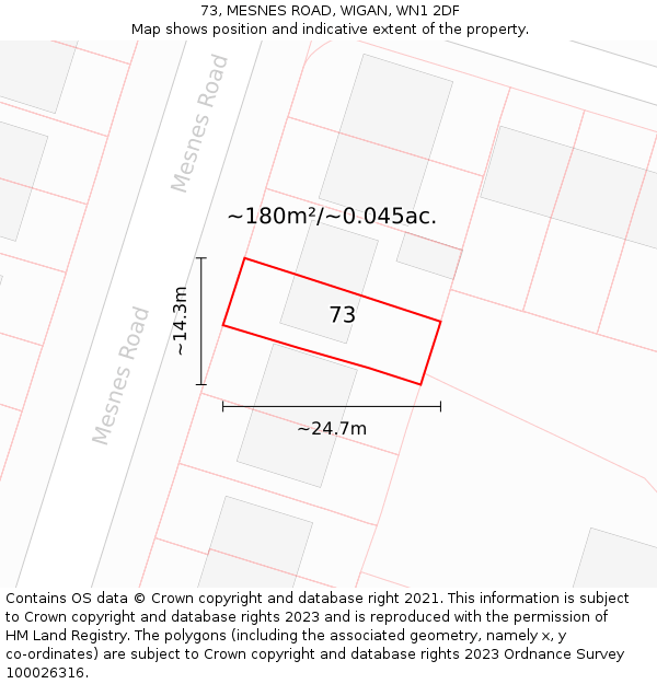 73, MESNES ROAD, WIGAN, WN1 2DF: Plot and title map