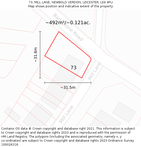 73, MILL LANE, NEWBOLD VERDON, LEICESTER, LE9 9PU: Plot and title map