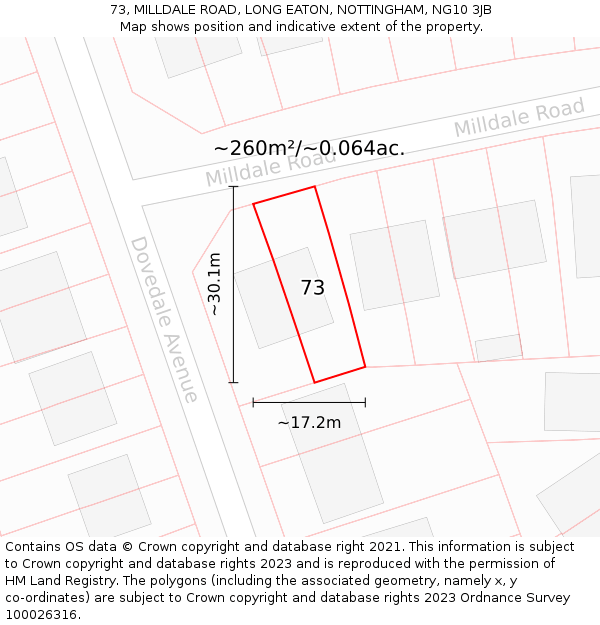 73, MILLDALE ROAD, LONG EATON, NOTTINGHAM, NG10 3JB: Plot and title map