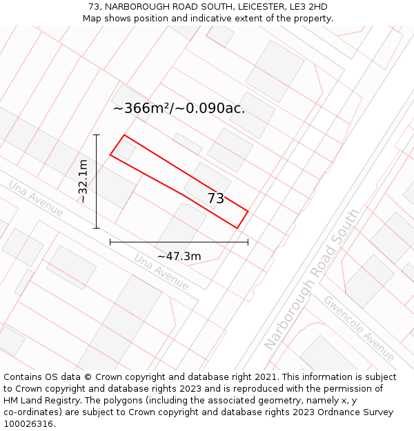 73, NARBOROUGH ROAD SOUTH, LEICESTER, LE3 2HD: Plot and title map