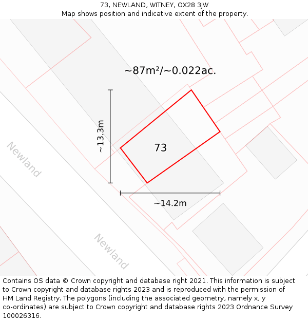 73, NEWLAND, WITNEY, OX28 3JW: Plot and title map