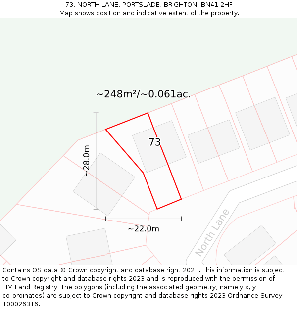 73, NORTH LANE, PORTSLADE, BRIGHTON, BN41 2HF: Plot and title map