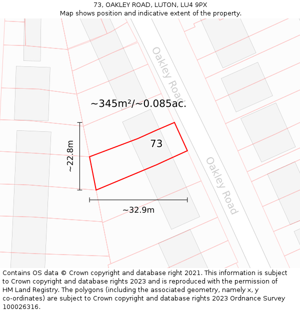 73, OAKLEY ROAD, LUTON, LU4 9PX: Plot and title map