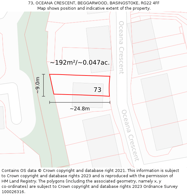 73, OCEANA CRESCENT, BEGGARWOOD, BASINGSTOKE, RG22 4FF: Plot and title map