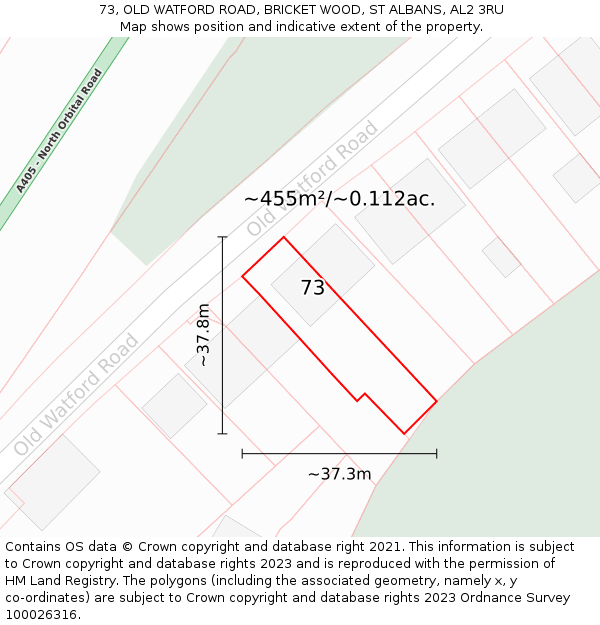 73, OLD WATFORD ROAD, BRICKET WOOD, ST ALBANS, AL2 3RU: Plot and title map