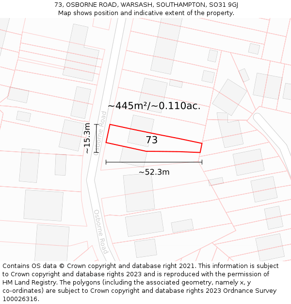 73, OSBORNE ROAD, WARSASH, SOUTHAMPTON, SO31 9GJ: Plot and title map