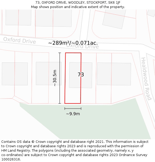 73, OXFORD DRIVE, WOODLEY, STOCKPORT, SK6 1JF: Plot and title map