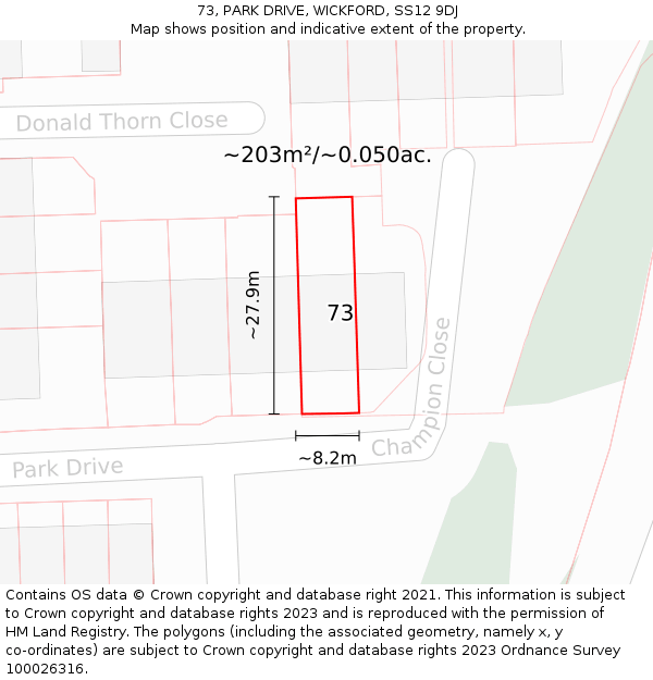 73, PARK DRIVE, WICKFORD, SS12 9DJ: Plot and title map