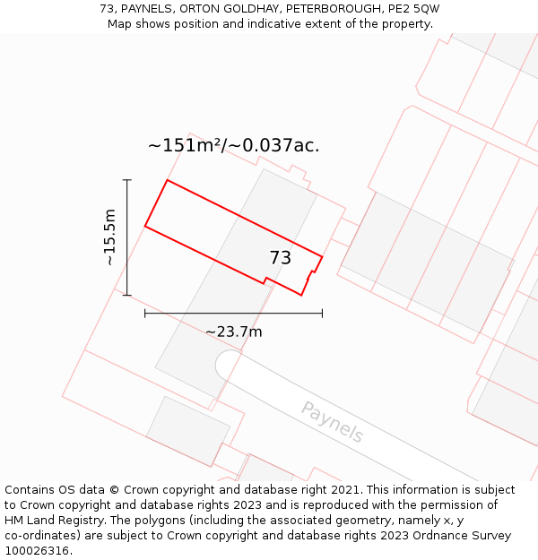 73, PAYNELS, ORTON GOLDHAY, PETERBOROUGH, PE2 5QW: Plot and title map