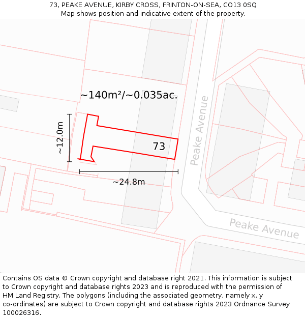 73, PEAKE AVENUE, KIRBY CROSS, FRINTON-ON-SEA, CO13 0SQ: Plot and title map