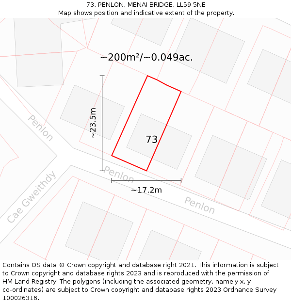 73, PENLON, MENAI BRIDGE, LL59 5NE: Plot and title map