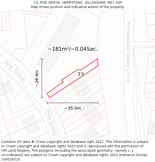 73, PINE GROVE, HEMPSTEAD, GILLINGHAM, ME7 3QP: Plot and title map