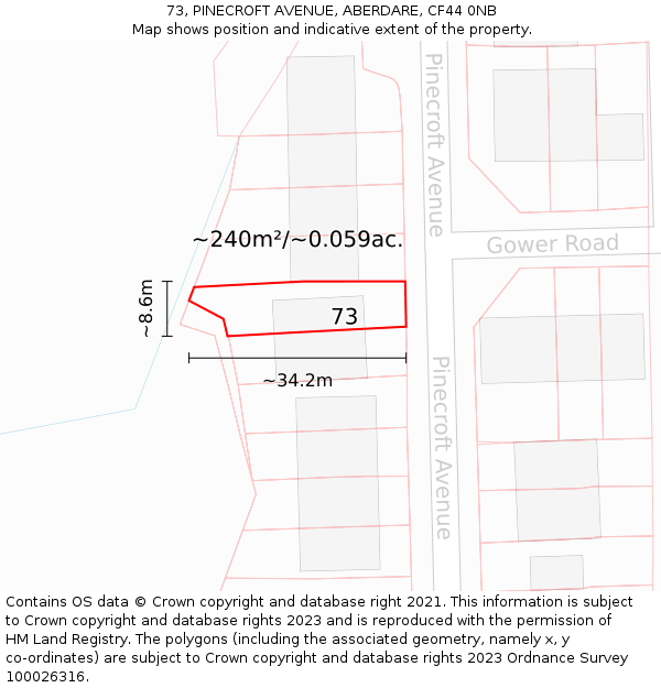 73, PINECROFT AVENUE, ABERDARE, CF44 0NB: Plot and title map