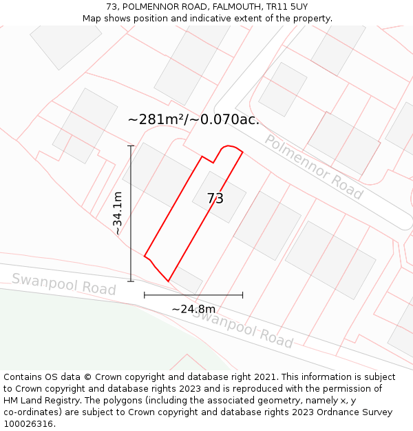 73, POLMENNOR ROAD, FALMOUTH, TR11 5UY: Plot and title map