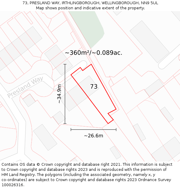 73, PRESLAND WAY, IRTHLINGBOROUGH, WELLINGBOROUGH, NN9 5UL: Plot and title map