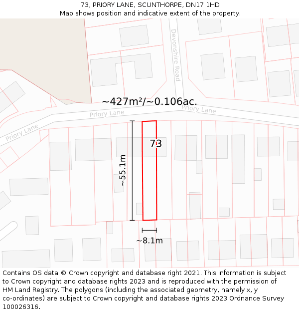 73, PRIORY LANE, SCUNTHORPE, DN17 1HD: Plot and title map